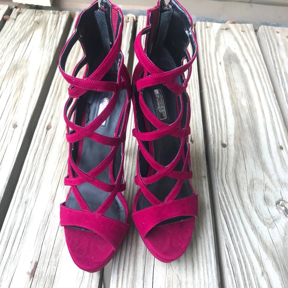 Guess Strappy Wine-Colored Ankle Suede Ankle Boots Size 9.5